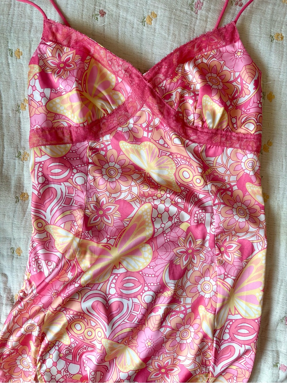 Y2K Pink Floral & Butterfly Lace Slip Dress